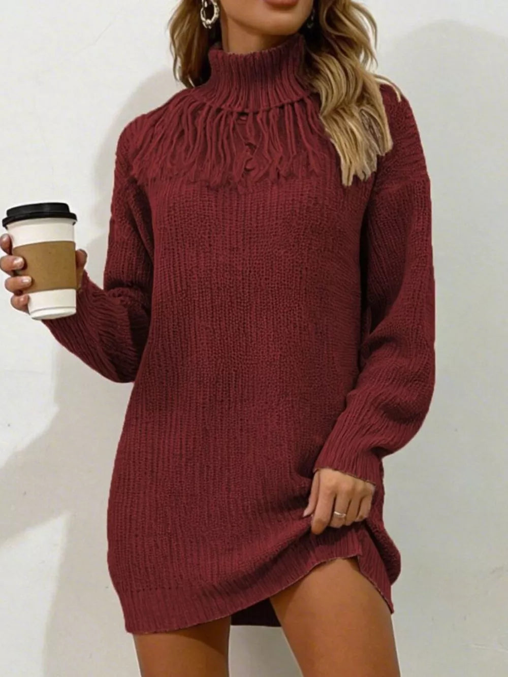 Gray Full Size Turtleneck Fringe Sweater Dress