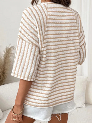 Casual Striped Raglan Sleeve T-shirt in Sky Blue with seam detail