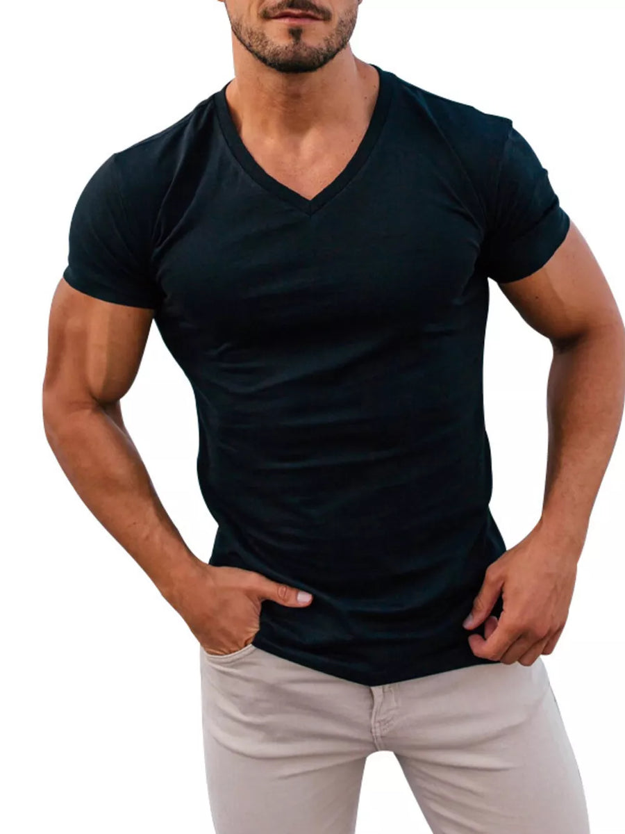 White Men's Full Size V-neck Slim Fit Casual T-shirt