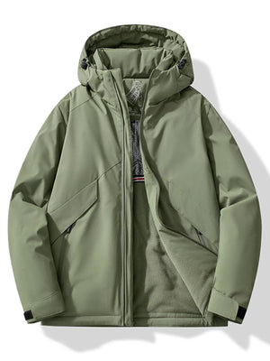 Plus-size hooded windbreaker jacket in khaki with zip front and pockets.