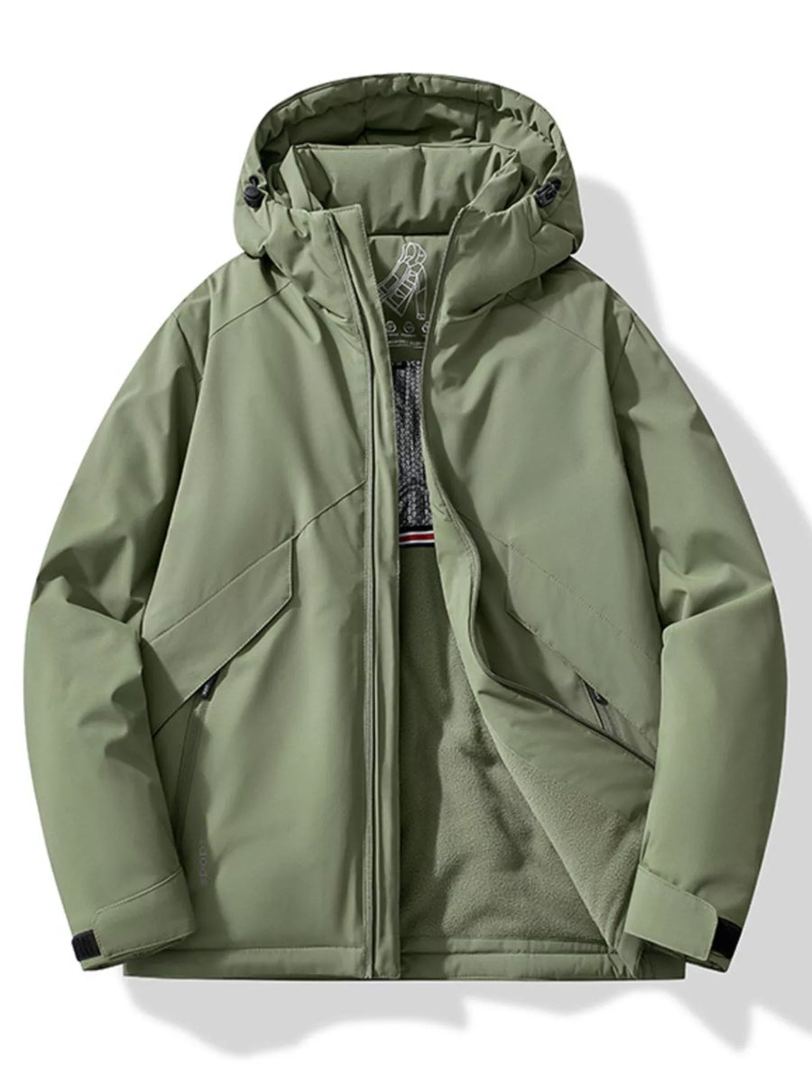 Plus-size hooded windbreaker jacket in khaki with zip front and pockets.
