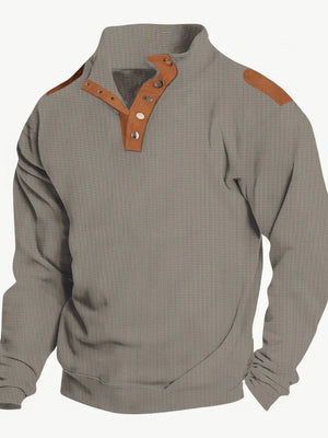 Waffle knit henley shirt in dark gray with suede shoulder patches and collar accents.