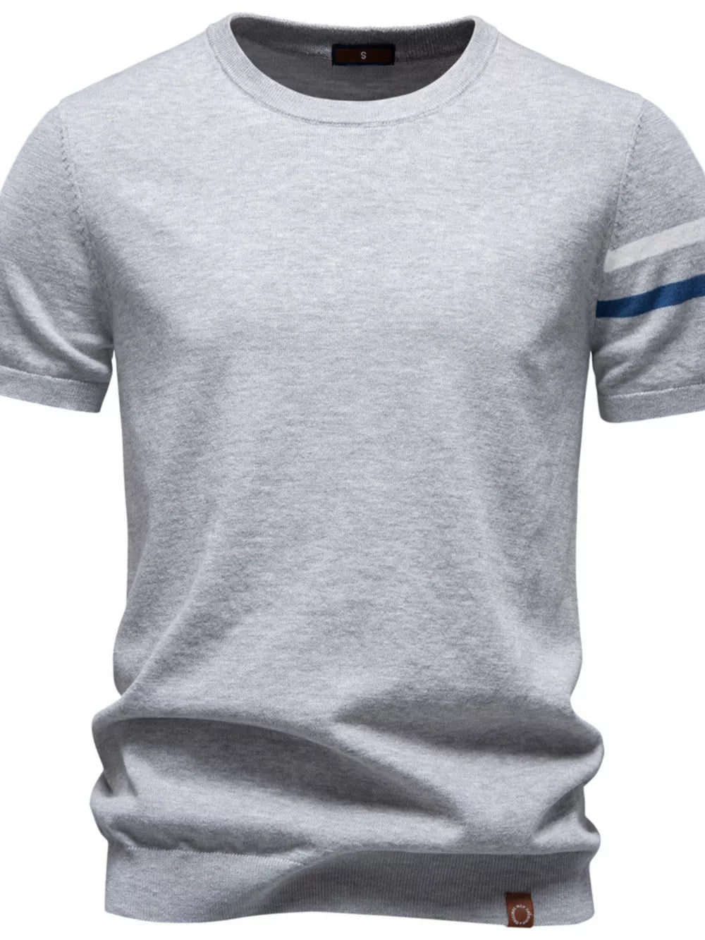 Light gray cotton t-shirt with blue and white striped sleeves and crew neck.