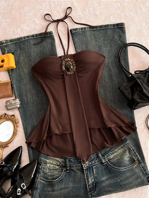 Embellished Front Halter Neck Cami in Apricot