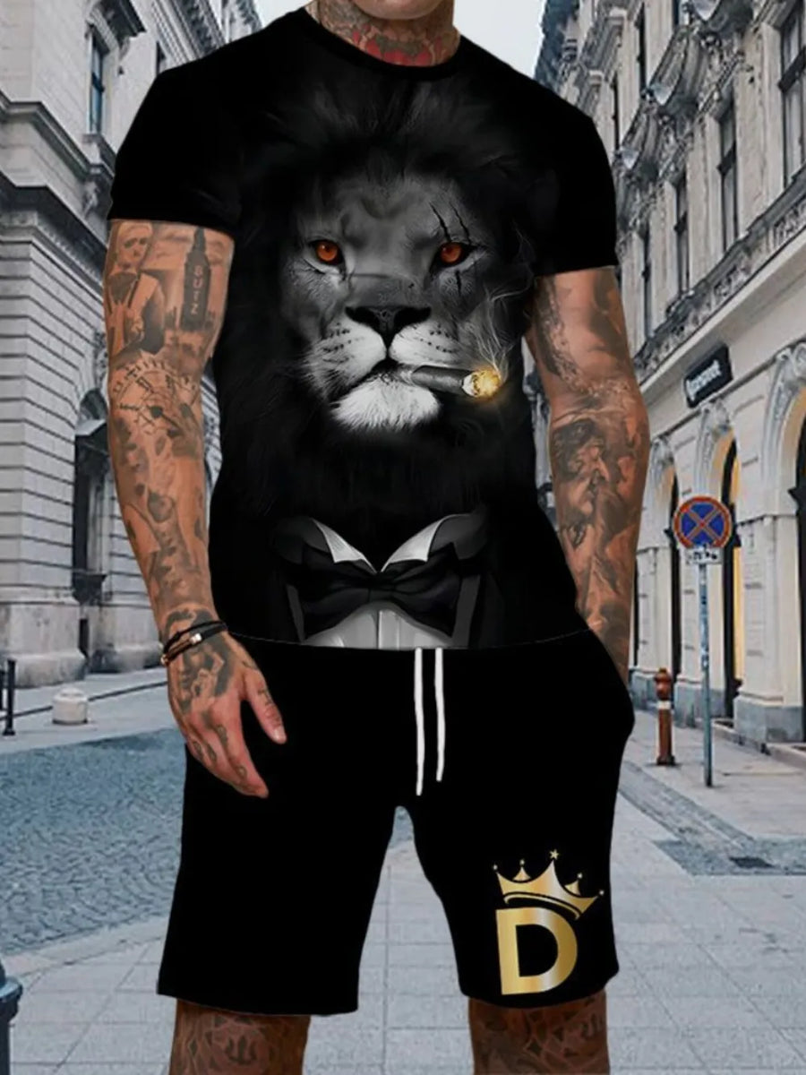 Gold Men's Full Size Round Neck Tee And Shorts Set