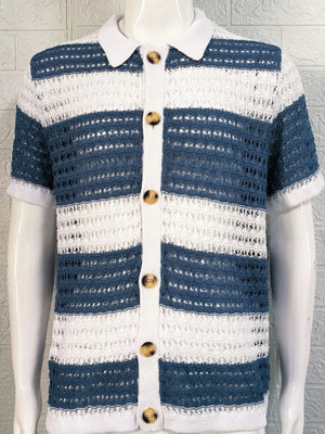 Striped crochet polo shirt in sky blue and white with button front and short sleeves.