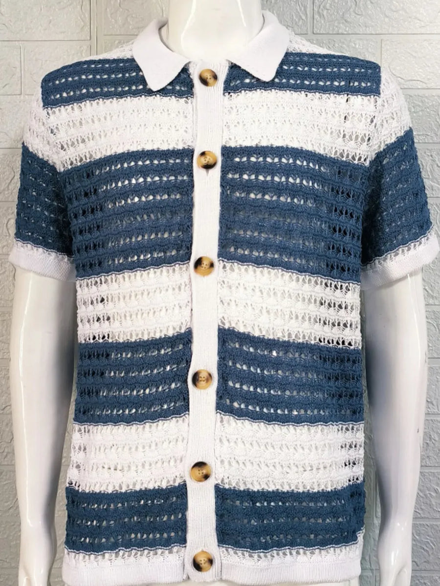 Striped crochet polo shirt in sky blue and white with button front and short sleeves.