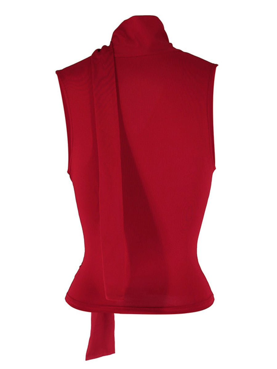 Red cowl neck cami top with draped detail and tie accent