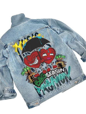 denim jacket in red with graphic print and buttoned