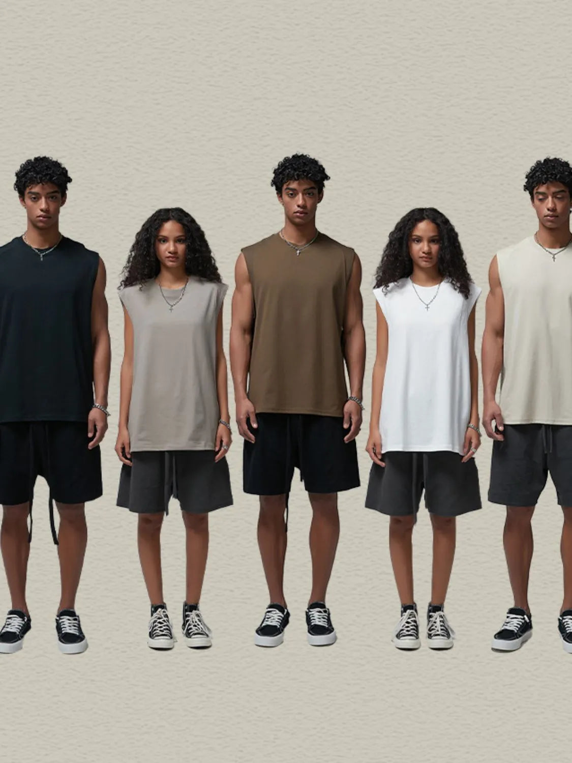 Sleeveless shoulder-seam tank tops in black, gray, olive brown, and white.
