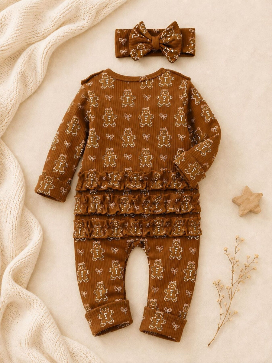 jumpsuit in Coffee Brown with gingerbread-print and ribbed