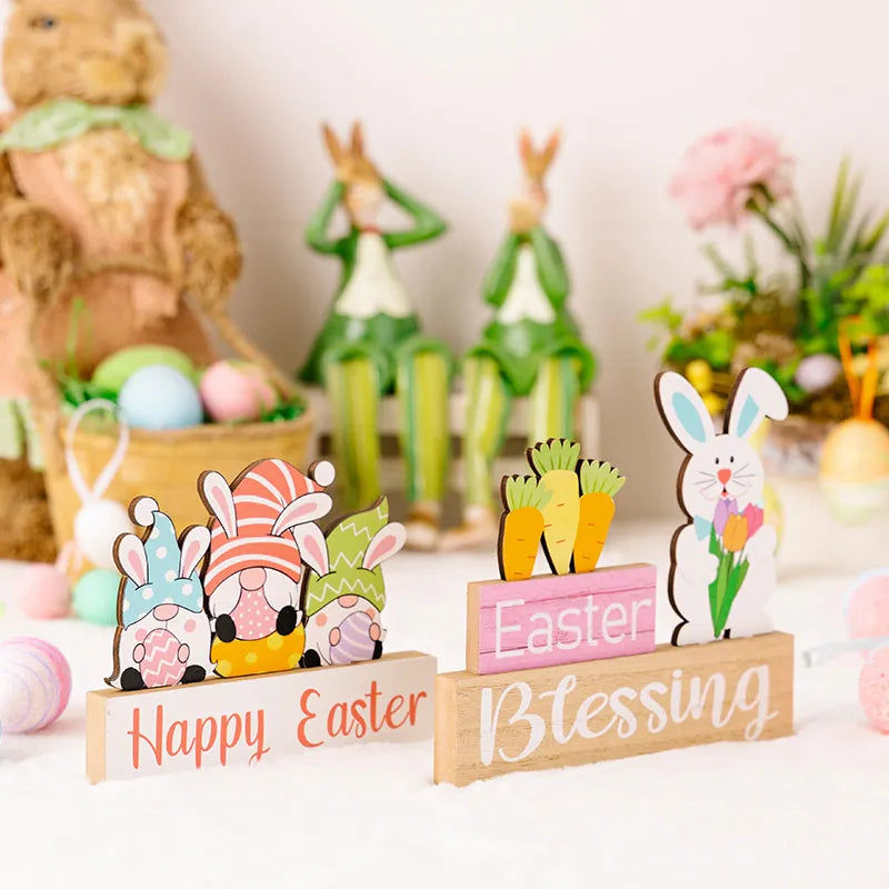 Easter wooden gnome trio display with Happy Easter text, featuring gnomes with bunny ears and Easter eggs.