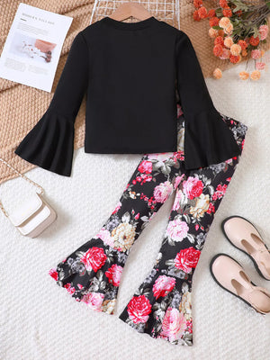 Black flared sleeve top with floral bell bottom pants set