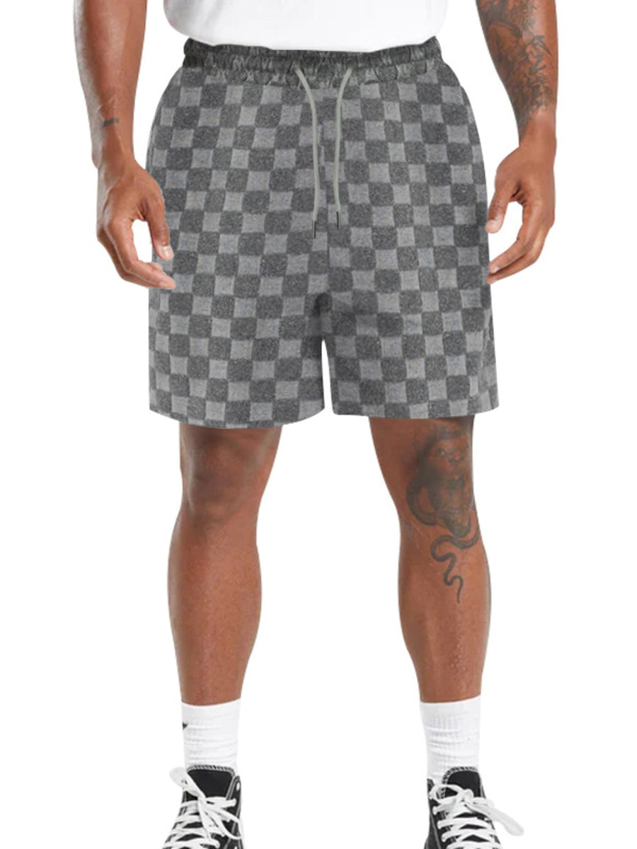 Men's dark gray checkered chino shorts with drawstring waist.