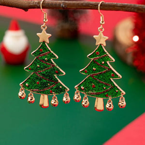 Festive Christmas tree dangle earrings with gold-plated details and red ornaments.