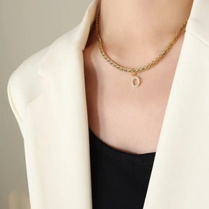Gold pavé initial chain necklace with letter O charm, 18K gold-plated brass