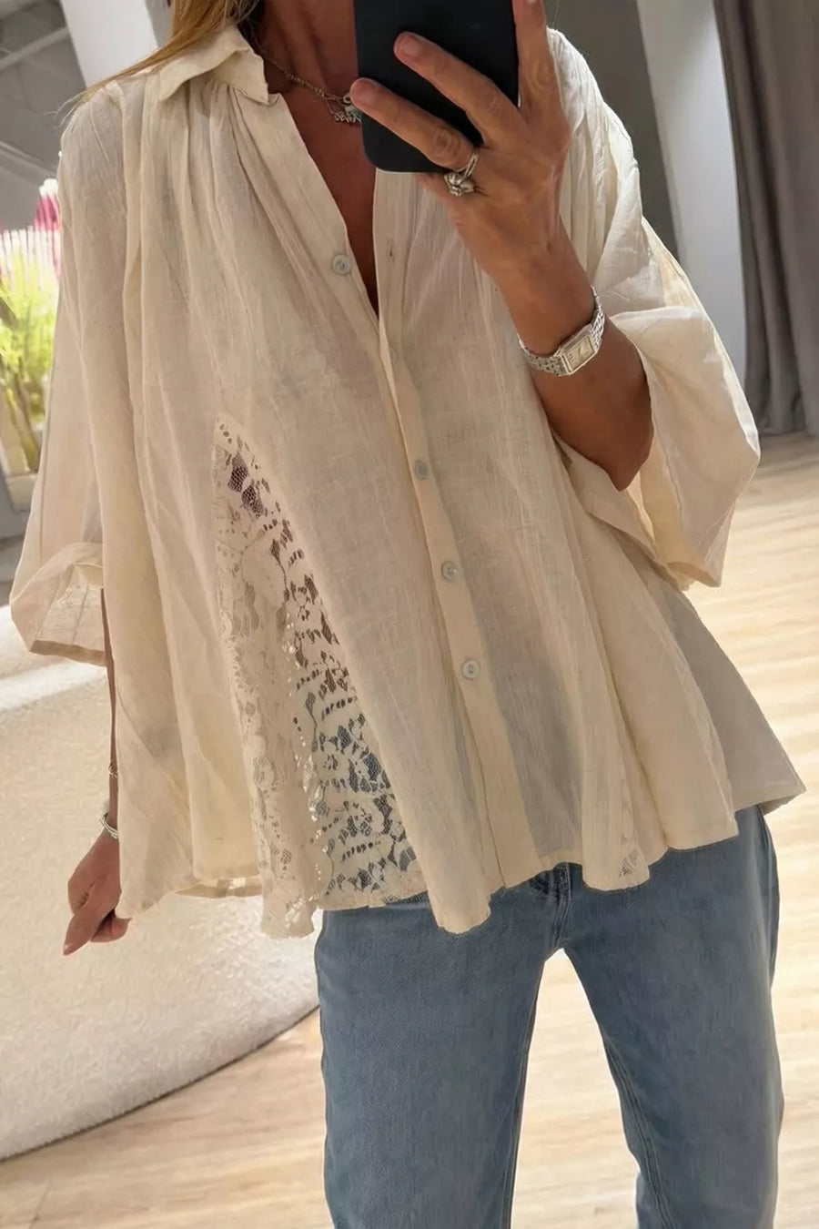 Sheer Lace Splicing Detail Loose Shirt in Beige