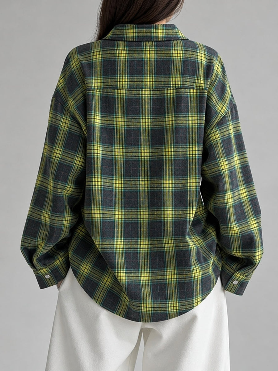 button-down shirt in lime green with plaid and pocketed