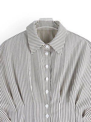 Maternity shirt with black vertical stripes, button-down front, and cinched waist detail.