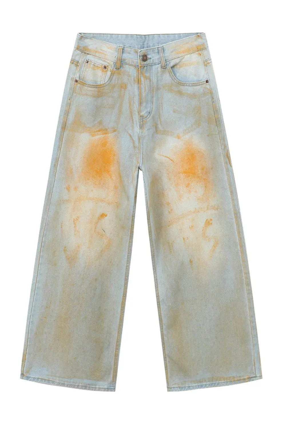 Acid wash palazzo denim jeans in light with orange splatters.