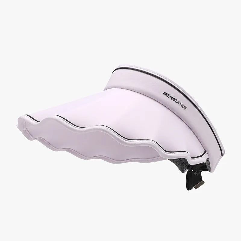 Scalloped brim sun visor in Pink Purple with black trim and adjustable strap.
