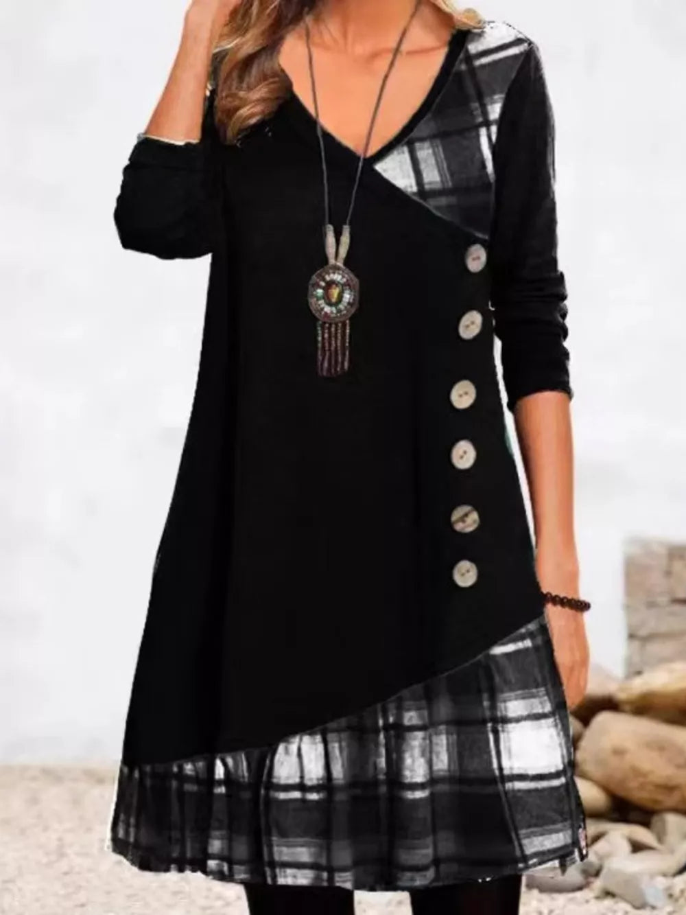 Dark Green Asymmetrical Plaid Patchwork Long Sleeve Dress