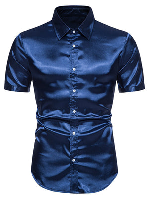 Men's navy satin finish short sleeve button-up shirt with a spread collar.