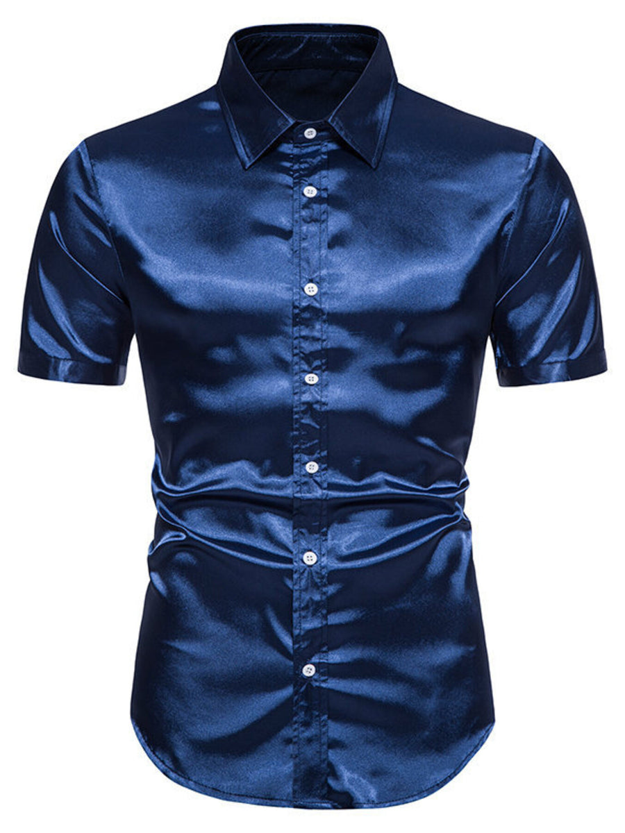 Men's navy satin finish short sleeve button-up shirt with a spread collar.