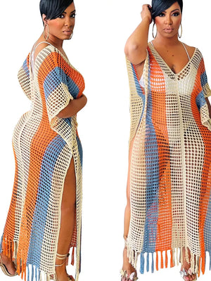 Vibrant striped crochet cover-up dress with fringe hem and high slits.