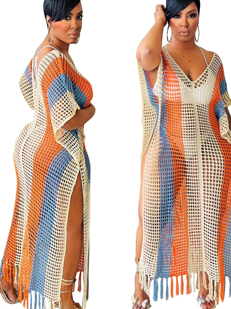 Vibrant striped crochet cover-up dress with fringe hem and high slits.