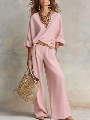 Pink loose lounge set with v-neck