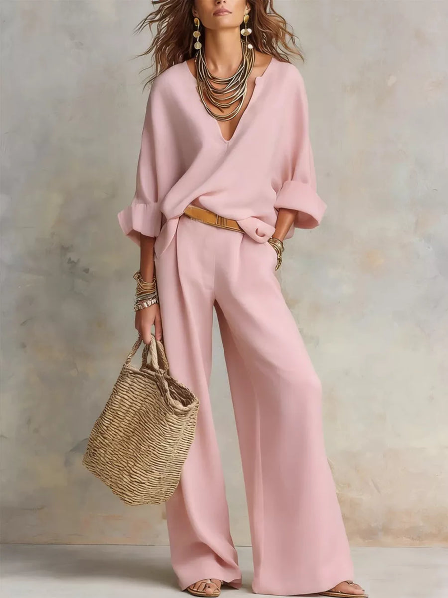 Pink loose lounge set with v-neck