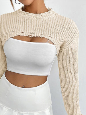 Cream distressed knit bolero crop top with long sleeves and open front detail.