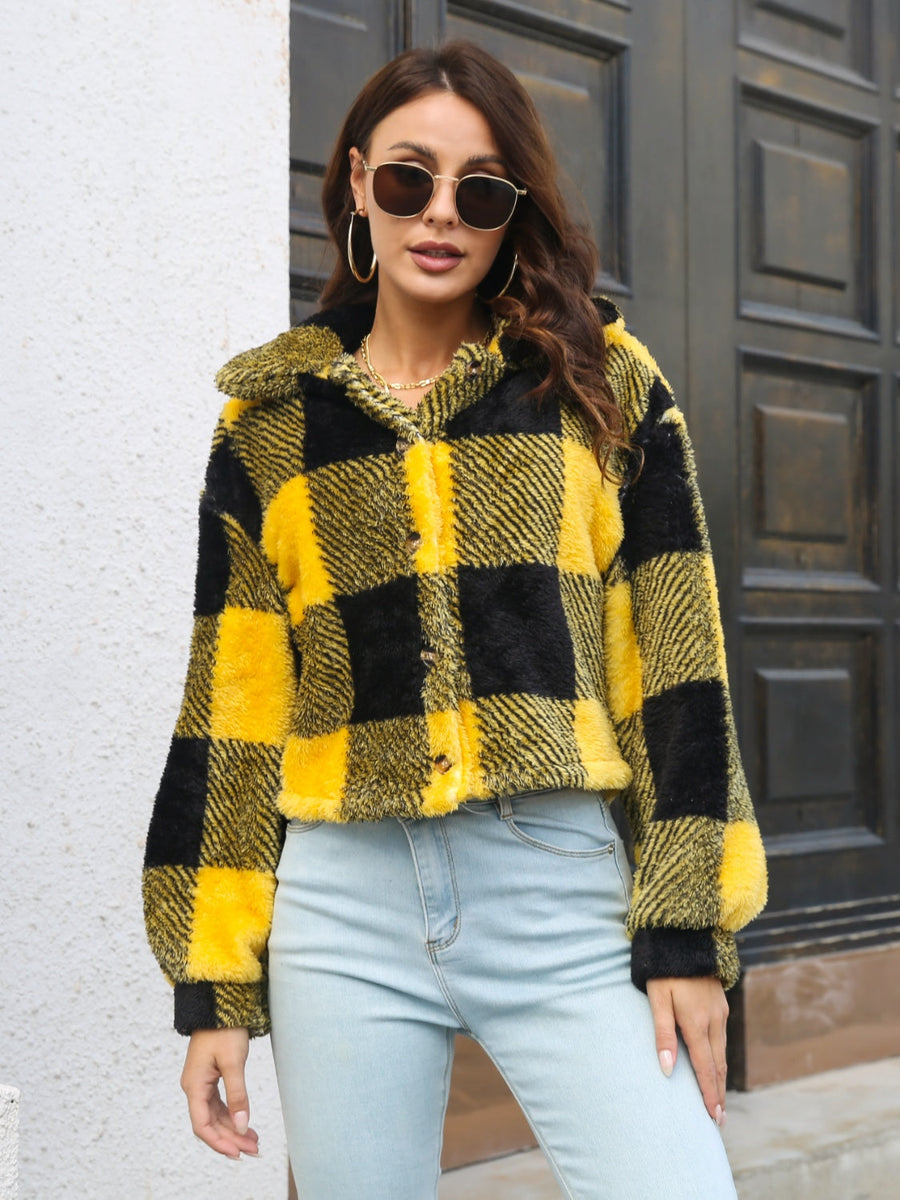 Textured plaid teddy crop jacket in black and gold with button front and collar.