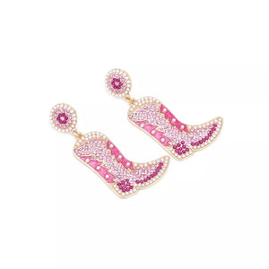 Dazzling rose red cowboy boot dangle earrings with pearls and rhinestones.