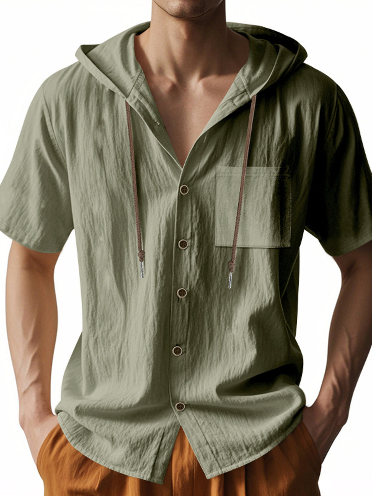 Men's casual hooded shirt in military green, short sleeve, button-down with chest pocket.