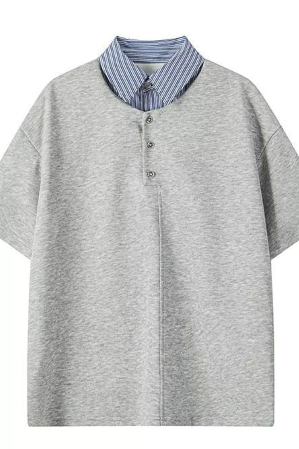 Light gray relaxed fit polo with buttoned placket and blue striped collar.