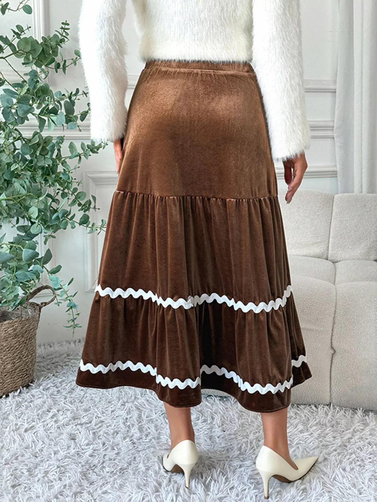 Tiered velvet midi skirt in brown with white ric rac trim detail