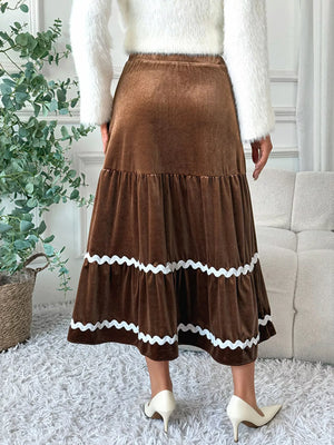 Tiered velvet midi skirt in brown with white ric rac trim detail