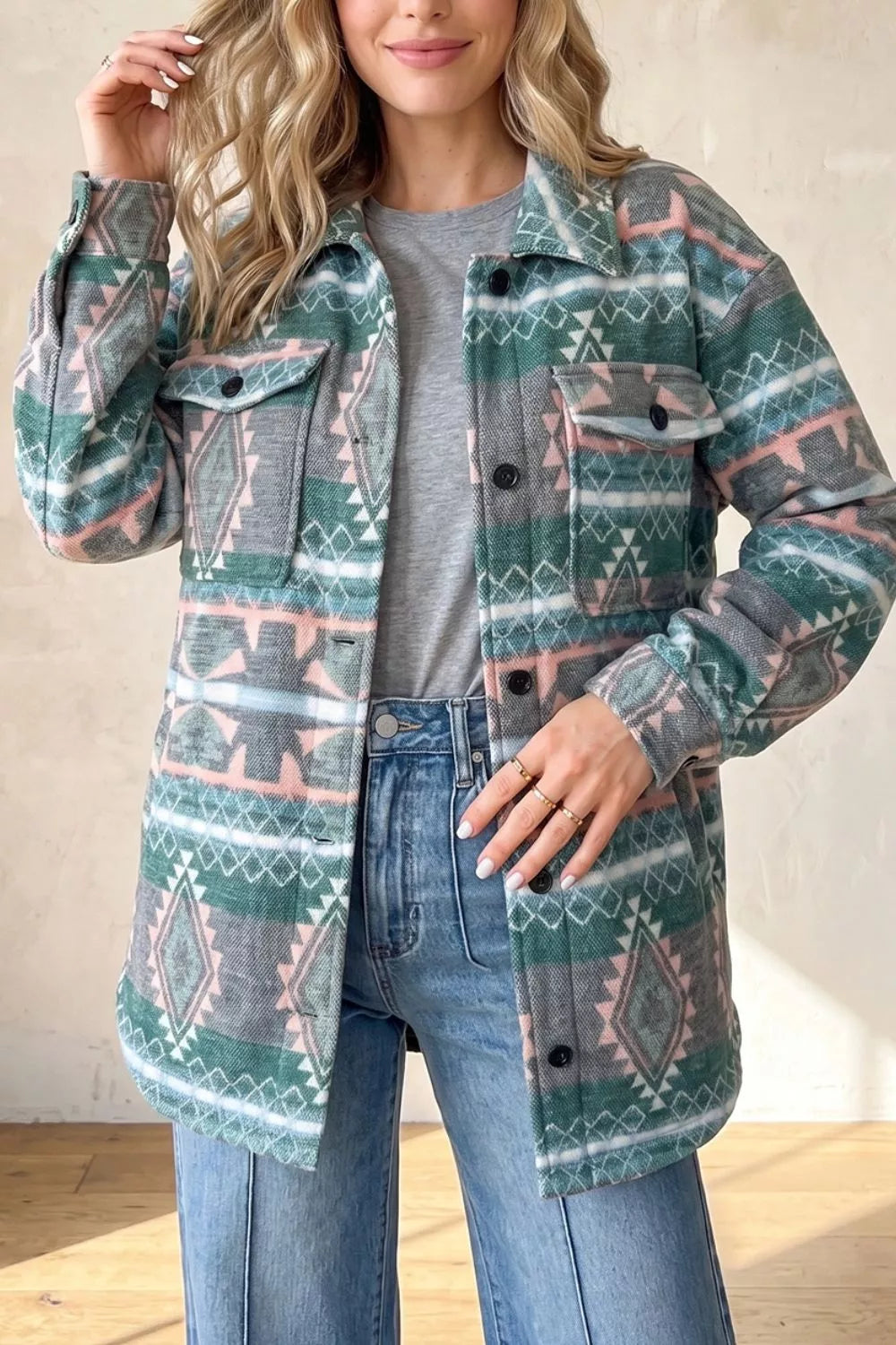 Sage shacket with tunic-length and button-front