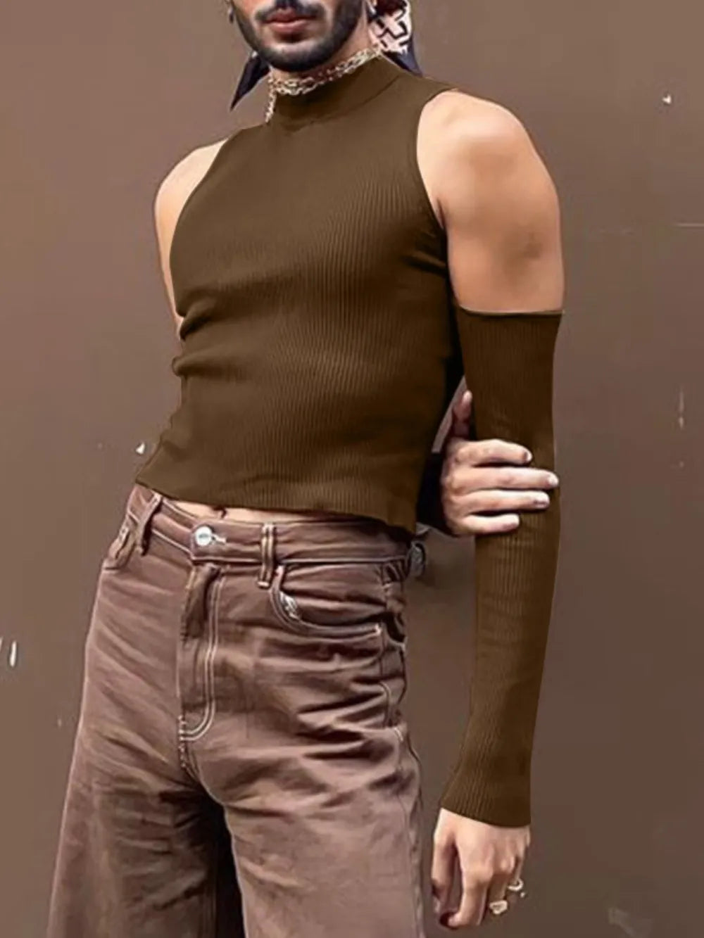Coffee brown ribbed sleeveless mock neck top with detachable sleeves.