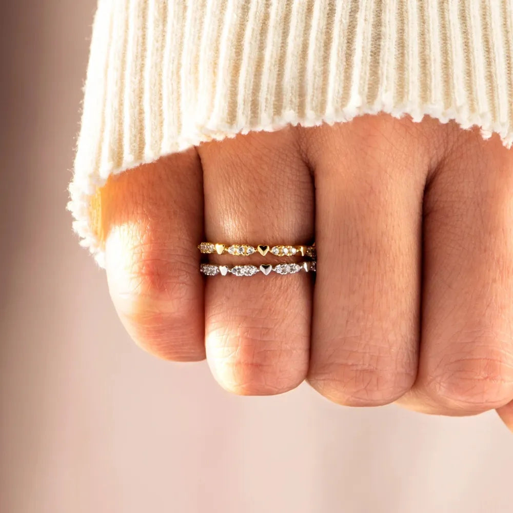 Gold and silver band rings with heart and zirconia details
