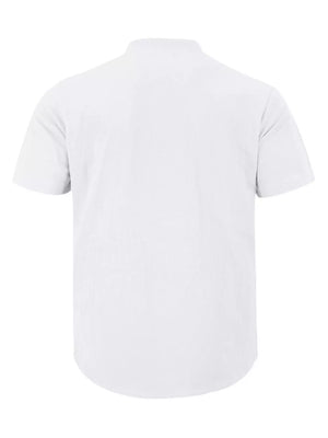 White relaxed fit linen blend men's short sleeve band collar overshirt