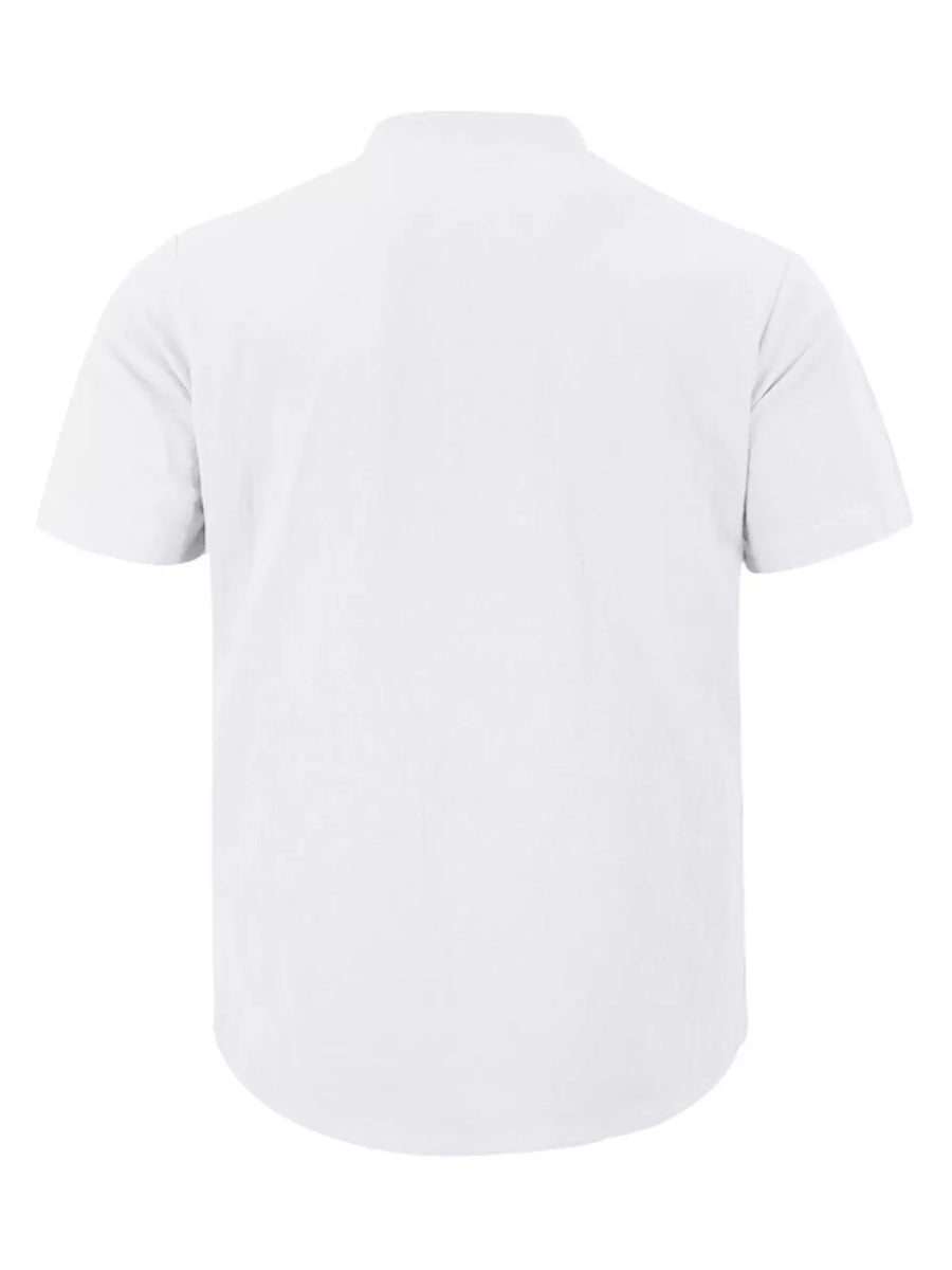 White relaxed fit linen blend men's short sleeve band collar overshirt