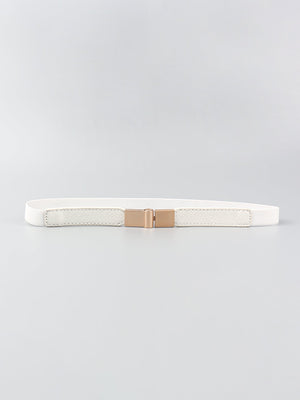 White elasticated buckle belt with leather detail and rose gold buckle