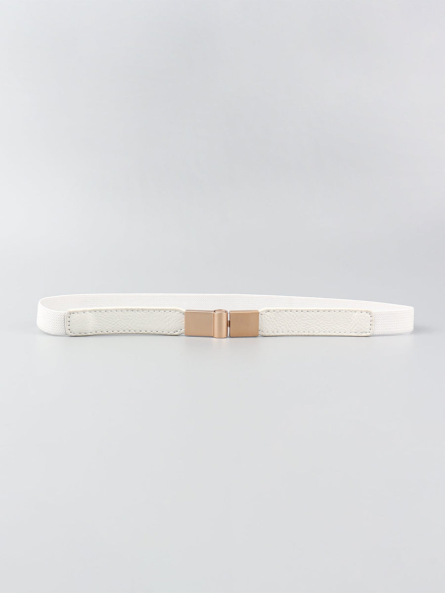 White elasticated buckle belt with leather detail and rose gold buckle