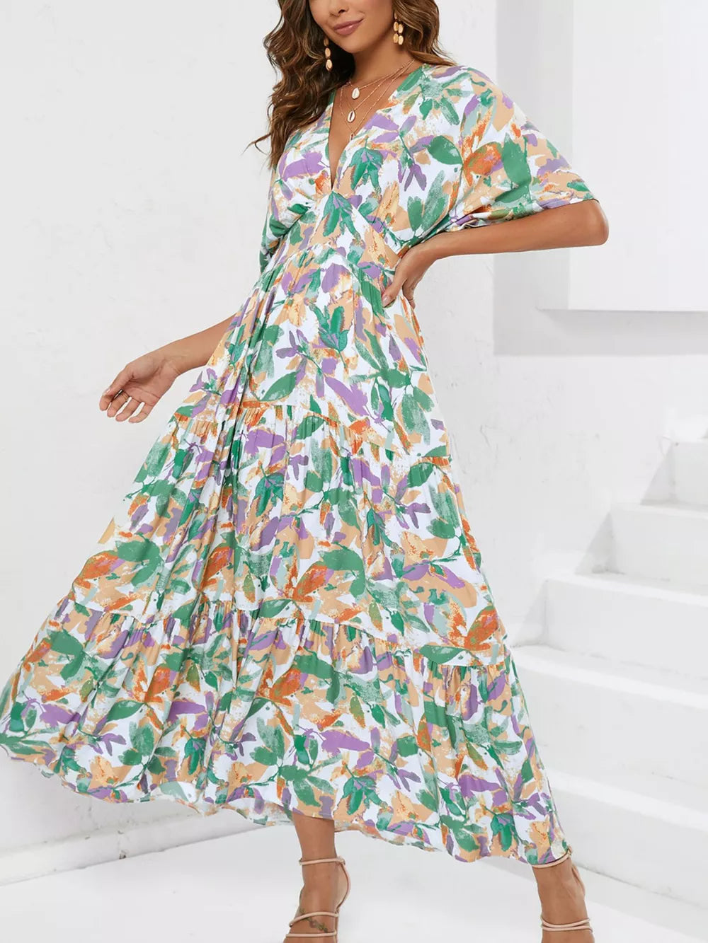 Lemon Leaf Print V-neck Midi Dress in Black Forest with tiered skirt and short sleeves.
