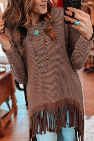 Brown Waffle Knit Fringed High Low Loose Top