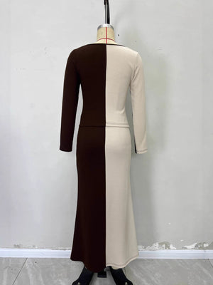 chocolate brown skirt set with long sleeve and long sleeve