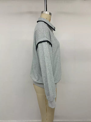 Polo Collar Dropped Shoulder Sweatshirt in Gray with buttoned
